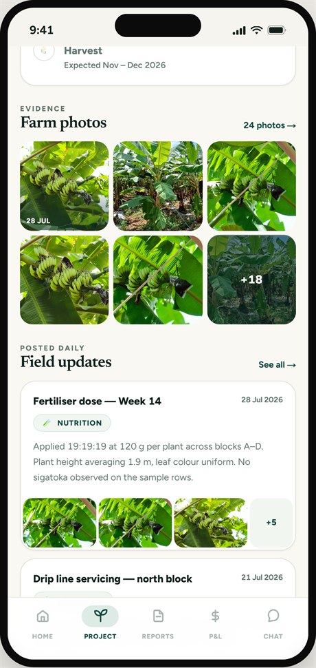 CoFarm app — farm photo feed and field updates